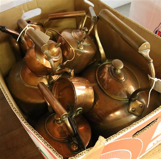 Collection of six copper kettles and other metalware